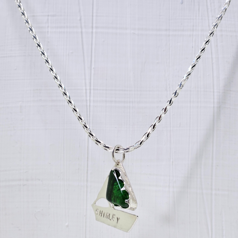 Handmade sailboat ashes in glass necklace in sterling silver – memorial jewellery UK