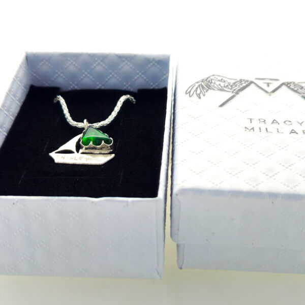 gift boxed handmade sailboat ashes in glass necklace in sterling silver – memorial jewellery UK