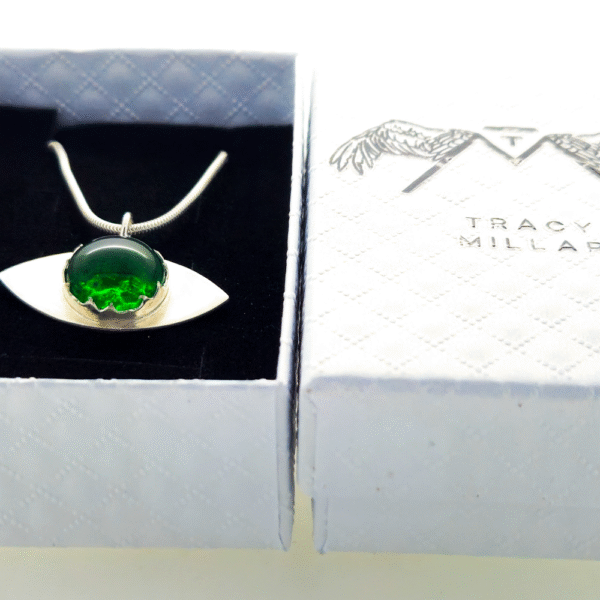 Gift boxed handmade ashes in glass eye pendant necklace in sterling silver – memorial jewellery UK