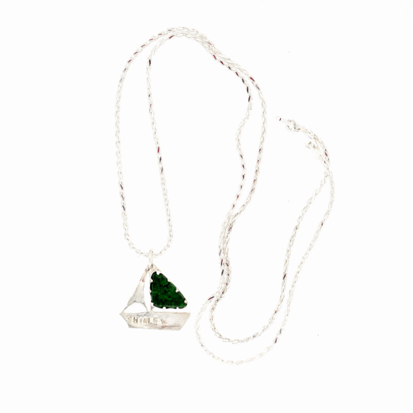 Handmade sailboat ashes in glass necklace in sterling silver – memorial jewellery UK
